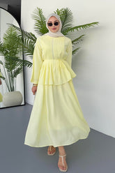 Nervürlü Bağcık Detaylı Bluz ve Dökümlü Etekli İkili Takım 8043 - Sarı